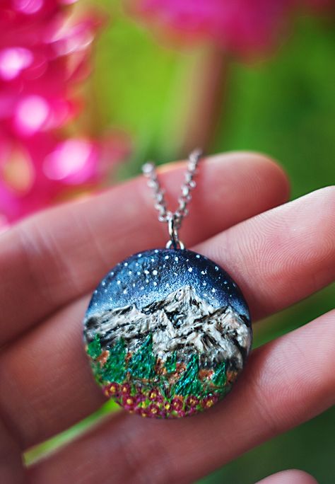 Polymer Clay Landscape, Sculpey Jewelry, Clay Landscape, Clay Embroidery, Clay Painting, Polymer Clay Painting, Polymer Clay Embroidery, Necklace Polymer Clay, Clay Things