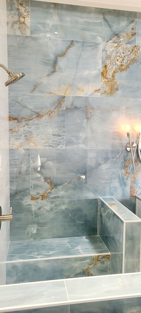 Gorgeous tile bathroom Bathroom Ideas Master Bath, Luxury Bathroom Ideas Master Suite, Spa Bathroom Ideas Master Bath, Blue Marble Bathroom, Shower Ideas Bathroom, Marble Accent Wall, Blue Marble Tile, Spa Bathroom Ideas, Marble Shower Walls