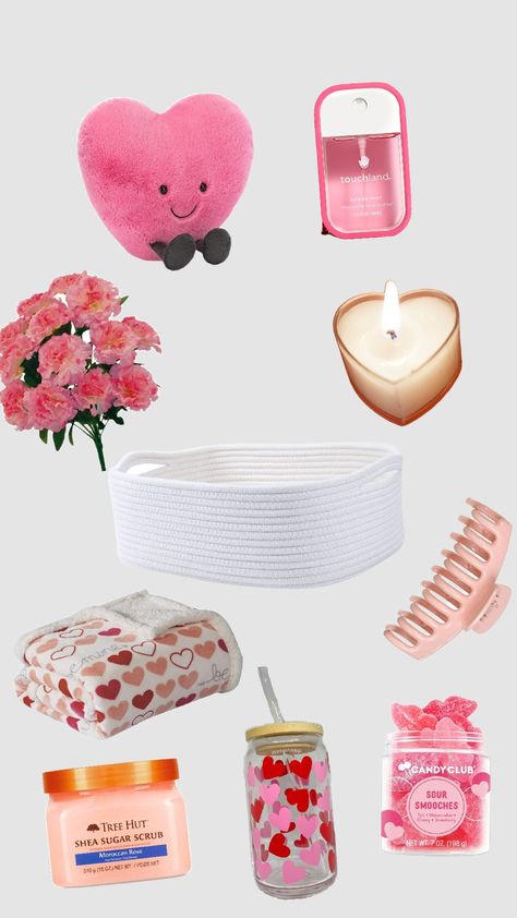 Bae basket inspo Bae Baskets Ideas, Friend Valentine Basket, Love Basket Ideas, Galentines Gifts Idea Basket, Valentines Basket Idea, Bae Baskets Valentines, Baskets For Girlfriends, Valentines Basket For Her, Galentines Gifts Basket