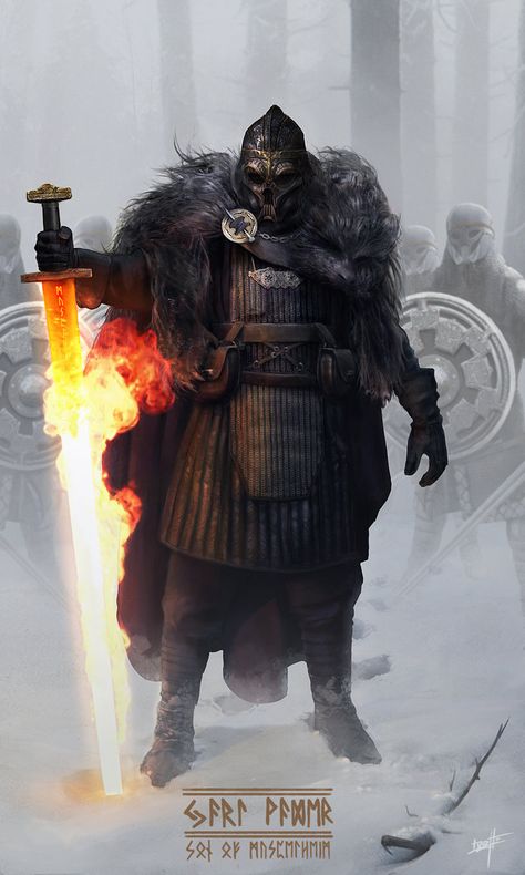 Runes say: "Jarl Vader, Son of Muspelheim"  Muspelheim is the first world, made by fire and glowing heat and guarded by the Fire-Jotun Surt according to Norse mythology. Arte Viking, Arte Nerd, Male Character, Viking Art, Wow Art, Fantasy Armor, Fantasy Warrior, Armor Concept, Arte Fantasy