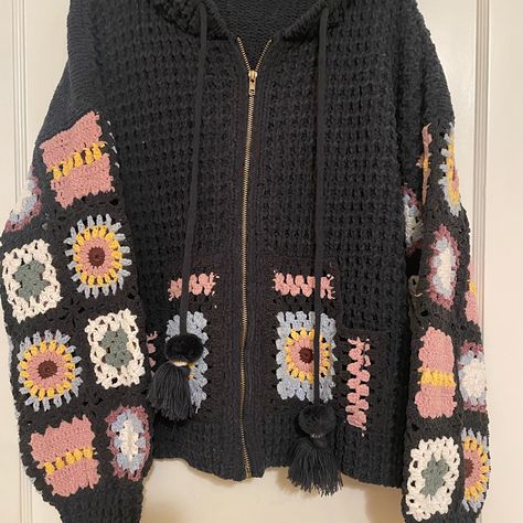 Brand New, Purchased From An Artist At A Local Harvest Festival. Super Soft, Zipper Closure, 2 Front Pockets, Hood With Cute Pom Pom String Ties. 22” Shoulder To Bottom Of Sweater X 20” Width. Granny Square Crochet Clothes, Fall Crochet, Crochet Idea, Clothing Designs, Harvest Festival, Sweater Crochet Pattern, Sweater Pattern, Crochet Sweater, Crochet Crafts