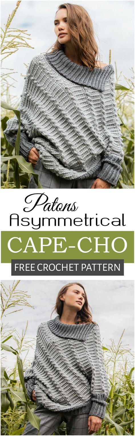 Asymmetrical Cape-Cho Free Crochet Pattern #crochet #freecrochetpattern #poncho Knitting Patterns Poncho, Winter Poncho Crochet Pattern, Asymmetrical Poncho Crochet Pattern, Crochet Open Front Poncho Free Pattern, Sleeved Poncho Crochet Pattern, Crochet Poncho With Arm Holes, Crocheted Ponchos, Asymmetrical Cape, Crochet Apparel