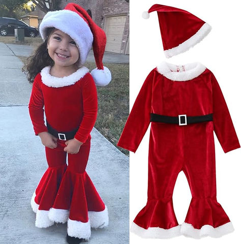 Toddler Baby Girl Christmas Flared Jumpsuit Hat Set Bell Bottom Bodysuit Romper Velvet Xmas Santa Claus Outfits Rompers For Girls, Santa Claus Outfit, Baby Santa, Toddler Girl Romper, Flared Jumpsuit, Summer Rompers, Christmas Cosplay, Costumes Kids