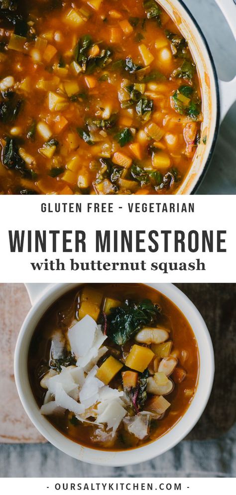 This gluten free winter minestrone soup recipe is packed with healthy, nutritious vegetables but is still rich and indulgent. It's packed with nutritious winter vegetables like butternut squash and swiss chard, and protein packed white beans. It's naturally gluten free, vegetarian optional, and completely addictive. I dare you to eat just one bowl! #soup #glutenfree Winter Minestrone Soup, Winter Minestrone, Minestrone Soup Recipe, Healthy Recipes On A Budget, Winter Vegetables, Minestrone Soup, Swiss Chard, I Dare You, Healthy Vegetables