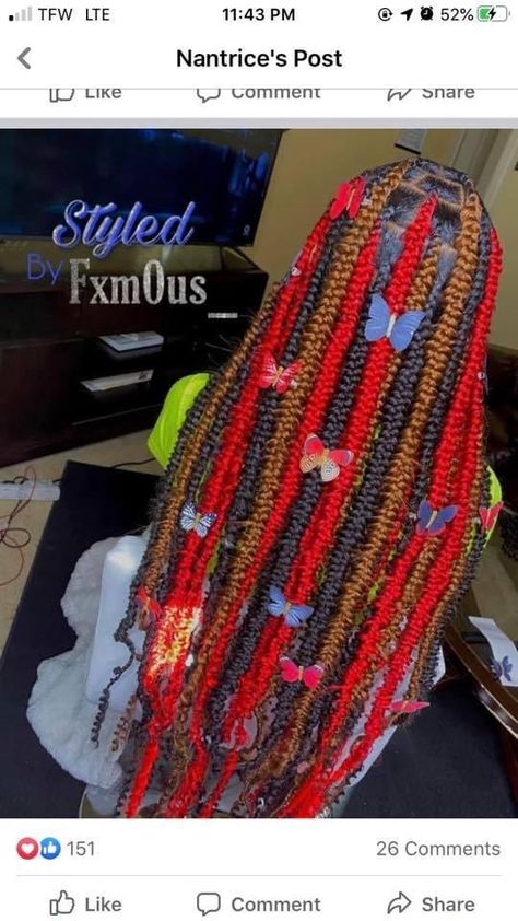 Knotless Braids With Butterfly Design, Half And Half Colored Braids, Passion Knotless Box Braids, Box Braids With Butterflies, Colorful Knotless Box Braids, Butterfly Box Braids For Black Women, Passion Knotless Braids, Cute Weave Hairstyles Braids, Braided Weave Hairstyles