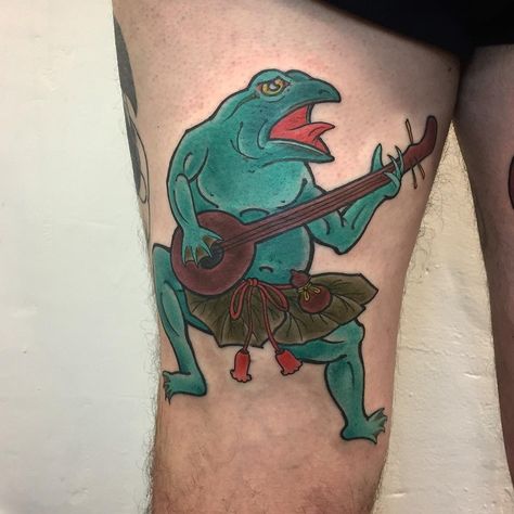 Japanese tattoo by Gandhi aka Guillaume de la Torre #Gandhi #GuillaumedelaTorre #japanese #frog #guitar #music | Jan 27th 2021 | 1517626 Frog Guitar, Japanese Frog, Book Tattoo, Guitar Music, Japanese Tattoo, Japanese Traditional, Artist Studio, I Tattoo, Guitar