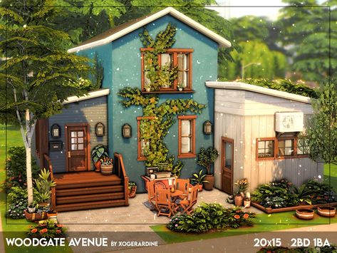 The Sims Resource - Woodgate Avenue (NO CC) Sims 4 Houses Simple, Sims Mobile House Ideas Layout, Sims 4 Porch, Sims 4 No Cc House, Sims 4 Beach House, Teal House, Boho Loft, Sims Houses, Sims Builds