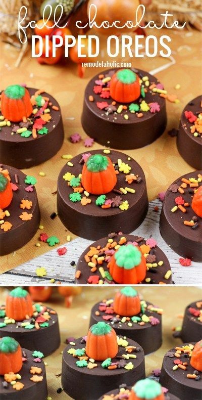 The perfect fall or halloween treat! Fall chocolate dipped oreos via Remodelaholic.com #falldesserts #halloween #halloweendesserts Cake Sicles, Thanksgiving Chocolates, Oreo Treats, Postres Halloween, Fall Cake, Themed Treats, Chocolate Dipped Oreos, Dipped Oreos, Chocolate Covered Treats