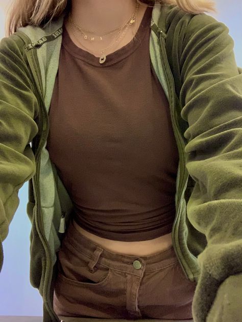 Green And Brown Clothes Aesthetic, Green And Brown Outfit Aesthetic, Soft Green Outfit Aesthetic, Green And Brown Aesthetic Outfit, Brown Aesthetic Clothing, Green Cardigan Outfit Aesthetic, Brown Fits Aesthetic, Green Jacket Outfit Aesthetic, Green And Brown Outfits