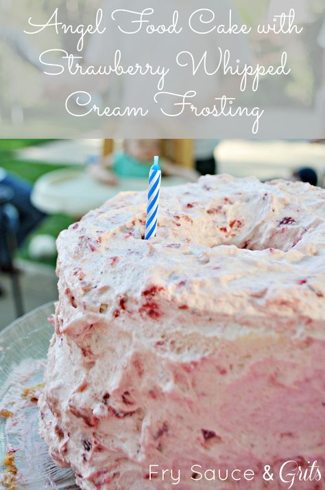 Angel Food Cake with Strawberry Whipped Cream Frosting #cake #dessert #strawberries Strawberry Whipped Cream Frosting, Cream Frosting Recipe, Whipped Cream Frosting Recipe, Strawberry Icing, Strawberry Whipped Cream, Cake With Strawberry, Angel Food Cake Mix Recipes, Strawberry Buttercream, Whipped Cream Frosting