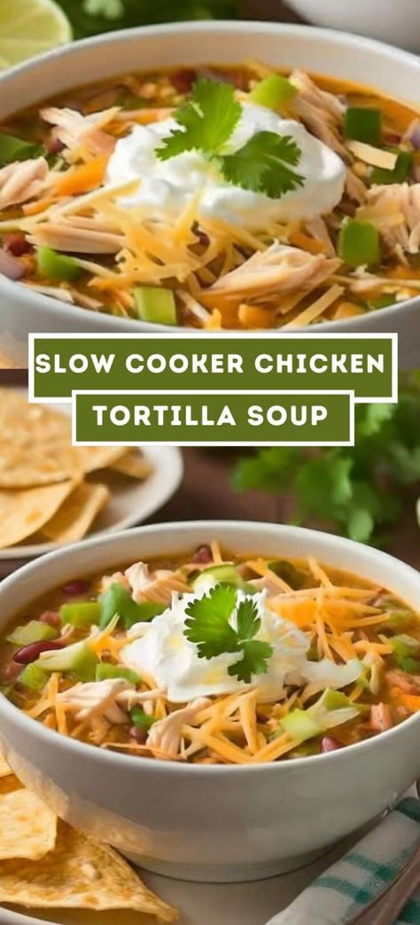 Slow Cooker Tortilla Soup, Slow Cooker Chicken Tortilla Soup, Satisfying Salads, Chicken Tortilla, Chicken Tortilla Soup, Tortilla Soup, Salad Sandwich, Chicken Chili, Slow Cooker Chicken