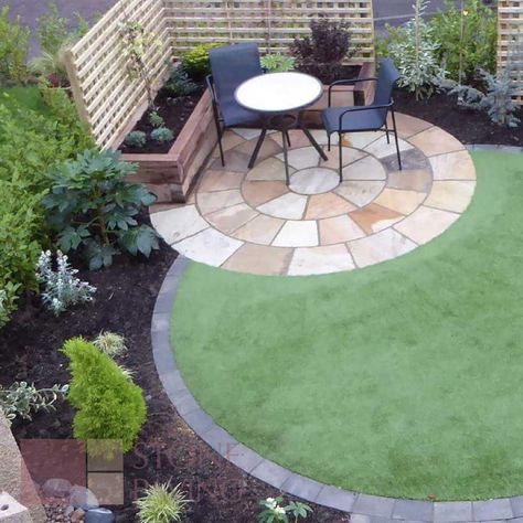 Circle Lawn Landscape Design, Front House Patio Ideas, Garden Circle Ideas, Circular Landscape Design, Circular Garden Design, Small Garden Plans, Small Backyard Garden Design, Small Garden Landscape, Small Courtyard Gardens