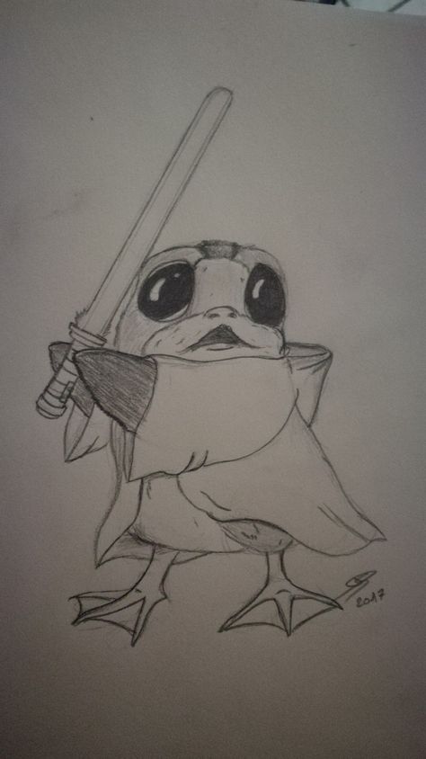 Porg starwars jedi may the force be with you Porg Drawing, Porg Starwars, Starwars Jedi, Dnd Backgrounds, Drawing Stars, Star Wars Drawings, Small Drawings, Character Sketches, Small Canvas Art