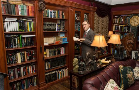 Guillermo del Toro’s House of Horrors - The New York Times - How much fun would it be to have Lovecraft & Poe hanging out in your house Guillermo Del Toro House, House Of Horrors, Mountains Of Madness, Victorian Sofa, Bleak House, Life Size Statues, Tower Of Terror, Horror House, Workspace Design