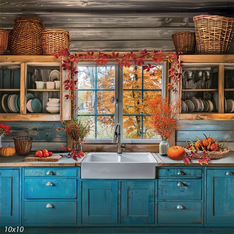 Cozy Autumn Kitchen Photography Backdrop Step into the warmth of a rustic, autumnal kitchen with our Cozy Autumn Kitchen Photography Backdrop. This beautifully crafted backdrop features a charming kitchen scene bathed in the soft light of a fall afternoon. The centerpiece of the image is a large farmhouse sink set into distressed blue cabinets, which exude a vintage, country-style charm. Through the window, the backdrop offers a picturesque view of vibrant autumn foliage, with leaves in shades o Autumnal Kitchen, Large Farmhouse Sink, Fall Houses, Kitchen Cottagecore, Boho Style Kitchen, Seasonal Photography, Autumn Kitchen, Kitchen Scene, Dining Hutch