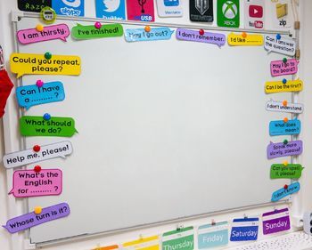 Speech bubbles for classroom language by Language Stuff | TpT Language School Decoration, Classroom English Decor, English Language Classroom Decoration, English Board Decoration Ideas, Classroom Language For Teachers, White Board Decoration Ideas Classroom, English Corner Classroom Ideas, English Charts For Classroom, English Class Decoration