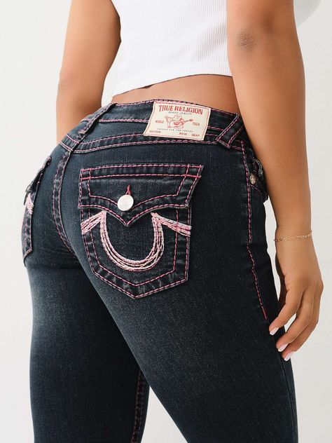 BECCA LUREX BIG T HORSESHOE BOOTCUT JEAN Jewel Jeans, Jeans With Pink Stitching, Hip Hugger Jeans, True Religion Set, Cute Cowgirl Jeans, True Religion Jeans Pink Stitching, Garage Jeans, True Religon, Low Waisted Bootcut Jeans