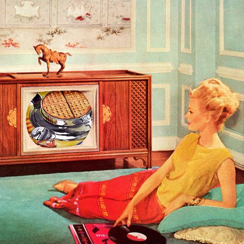 House Cartoon, Blue Room, Vintage Tv, Retro Tv, Blue Rooms, Watching Tv, Illustration Print, Vintage Ads, Kitsch