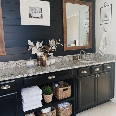 Black Cabinet Bathroom, Cabinet Bathroom Ideas, Black Shiplap Wall, Bathroom Ideas Master Bath, Black Shiplap, Rustic Master, Bathroom Ideas Master, Bath Makeover, Shiplap Wall