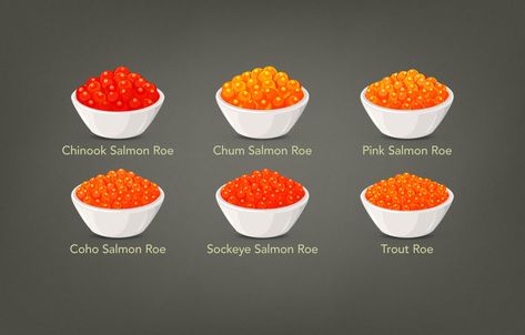 Chum Salmon Roe, Pink Salmon Roe, Sockeye Salmon Roe, Coho Salmon Roe, Chinook Salmon Roe and Trout Roe in the bowls. Salmon Roe Caviar, Salmon Roe Recipes, Crk Oc, Caviar Appetizers, Types Of Caviar, Salmon Caviar, Caviar Recipes, Types Of Red, Serving Ideas