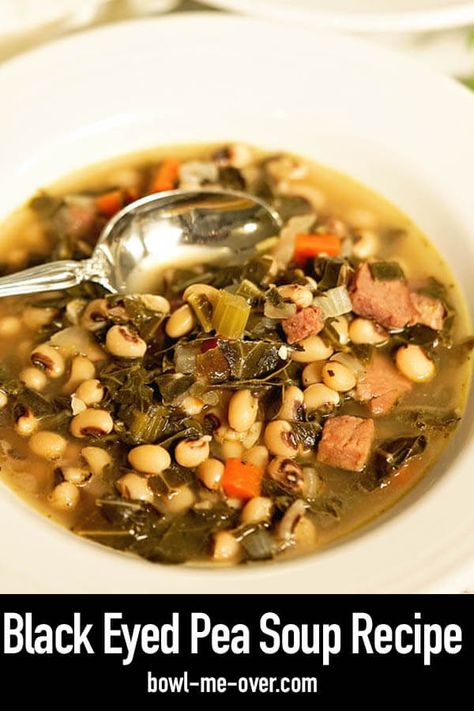 Black Eyed Pea Soup Recipe - ring in the New Year with tradition & flavor! Loaded with black eyed peas, greens, & ham it's flavorful and delicious! #soupisgoodfood #howtomake #dinnerideasfortonight #souprecipe #bowlmeover #easyrecipe  via @bowlmeover Black Eyed Pea Soup, Pea Soup Recipe, Chicory Recipe, Split Pea Soup Recipe, Black Eyed Pea, Homemade Ramen, Chowder Soup, Creamy Potato Soup, Delicious Soup Recipes