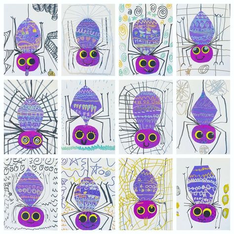 Line and pattern design spider babies. 💜🕷💜🕷💜 Inspired by @garethlucasart project tutorial available on TPT 💜🕷 | Instagram One Day Halloween Art Lesson, Halloween Art Projects For Middle School, September Art Projects, Line Pattern Design, Afternoon Activities, Line Art Projects, Line Art Lesson, 3rd Grade Art Lesson, Grade 1 Art