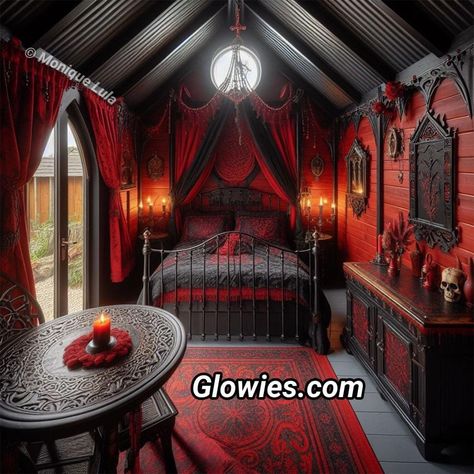 Red And Black Room Aesthetic, Black And Red Room, Red Bedrooms, Black Room Aesthetic, Pinterest House, Black Room Decor, Halloween Bedroom Decor, Reality Shifting, Gothic Bedroom