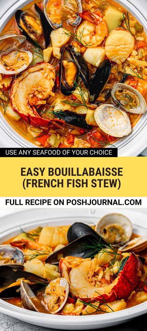 #AD The easiest French dish you can make at home. This French fish stew, Bouillabaisse is loaded with fresh seafood and flavorful broth. The perfect soup to make on any weeknight dinner or special occasion! #soup #stew #fish #seafood #shellfish Boulliabaise Recipe, Seafood Bouillabaisse, Bouillabaisse Recipe, Stew Fish, Seafood Stew Recipes, Fish Stew Recipes, Seafood Soup Recipes, French Soup, Best Seafood Recipes