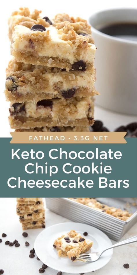 Keto Chocolate Chip Cheesecake, Chocolate Chip Cookie Cheesecake Bars, Cookie Cheesecake Bars, Keto Chocolate Chip Cookie, Dolce Poche Calorie, Galletas Keto, Chocolate Chip Cheesecake Bars, Chocolate Chip Cookie Cheesecake, Cookie Cheesecake