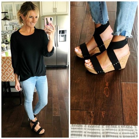 How to Wear a Twist Hem Top // How to Wear Platform Wedges and Cropped Jeans // Twist Hem Top with Cropped Jeggings and Black Strappy Wedges // Comfortable Wedge Sandals under $80 // Outfit of the Day // Spring Fashion #shopthelook #howto #howtowearatwisthemtop #platformwedgesandals #wedge #croppedjeggings #blackstrappywedges #comfortablewedgesandals #summeroutfit #springoutfit #springfashion #ootd Wedges With Jeans, Black Wedges Outfit, Wedge Sandals Outfit, Wedges Outfit, Comfortable Wedges Sandals, Outfit With Wedges, Black Strappy Wedges, Summer Shoes Wedges, Jeans Ideas