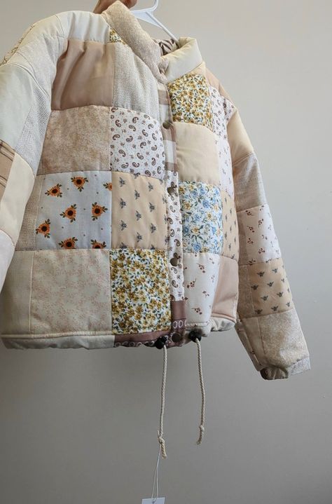 Beige Block Patchwork Puffer — A/A Crochet Puffer Jacket, Aaron Asunsolo, Patchwork Puffer Jacket, Patchwork Aesthetic, Puff Quilt, Patchwork Clothes, Jacket Puffer, Quilted Clothes, Make Your Own Clothes