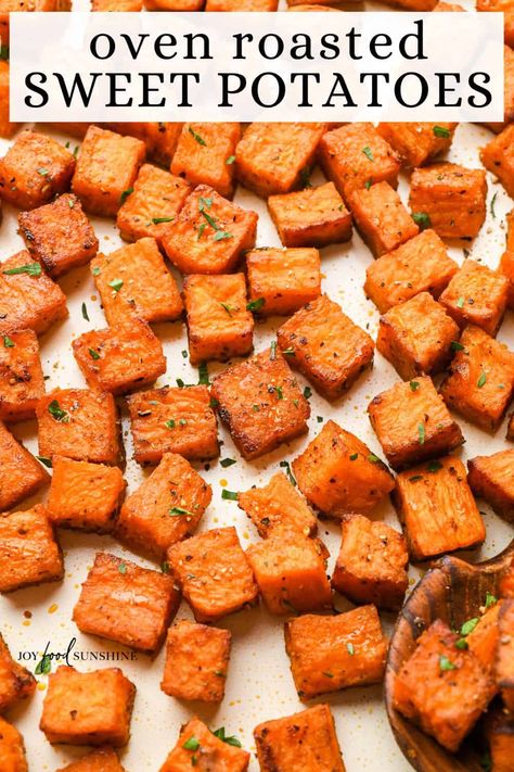 These savory roasted sweet potatoes are easy to make with 6 ingredients in 40 minutes! Oven roasted sweet potatoes are a simple & healthy side dish everyone loves! What To Season Sweet Potatoes With, Best Way To Roast Sweet Potatoes, Sweet Potato Oven Roasted, Sheet Pan Roasted Sweet Potatoes, What To Put On Sweet Potatoes, Sweet Roasted Sweet Potatoes, Roasted Sweet Potato And Green Beans, Oven Baked Sweet Potato Cubes, Baked Diced Sweet Potatoes