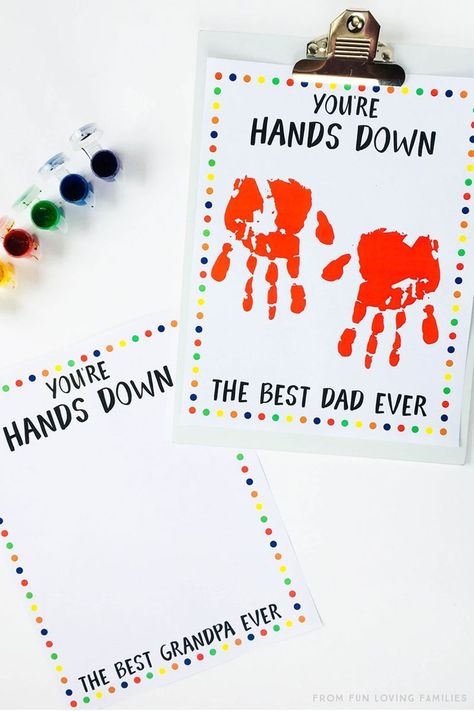 Father's Day handprint craft with free printable: You're Hands Down the Best Dad Ever. Print one for Grandpa, too! Fathers Day Crafts For Toddlers Grandpa, Fathers Day Crafts For Kids Handprints, Father’s Day Gift From Toddler Craft, Father’s Day Crafts For Kids Free Printable, Father Day Handprint Crafts, Best Dad Hands Down Craft, Father’s Day Handprint Crafts For Preschoolers, Printable Fathers Day Crafts For Kids, Grandpa Fathers Day Crafts