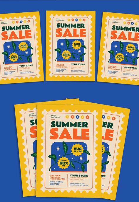 Retro Summer Sale Flyer Template AI, PSD Retro Book Design, Summer Pubmat, Coupon Graphic Design, Retro Flyer Design, Cute Flyer Design, Retro Layout Design, Summer Design Poster, Summer Poster Ideas, Retro Pubmat