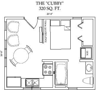 Cubby. Only 320 sq ft, but pretty well packed with everything needed including a closet in the bed room and a closet space at the end of the hall for a washer dryer.  I might take the table out and put one that is fold down on the wall under the windows.  And personally I would rather have a love seat or even a comfy chair and a half than two club chairs. Comfy Floor Seating, Studio Floor Plans, Small Floor Plans, Cabin Floor Plans, Small House Floor Plans, Apartment Floor Plans, Tiny House Floor Plans, Casa Container, Cottage Plan