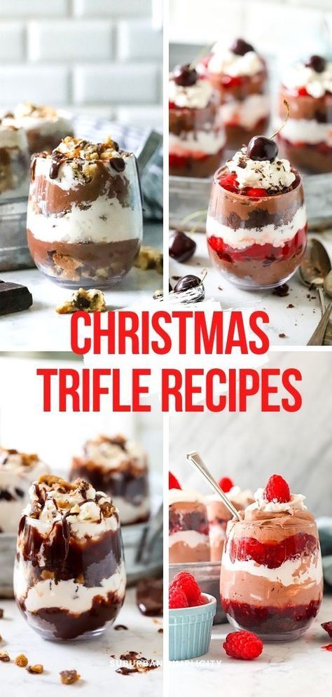 Christmas Trifle Recipes are so easy and so delicious with their layers of chocolate cake or brownies, pudding and cream. This classic layered dessert feeds your holiday crowd perfectly! Brownies And Pudding Desserts, Cookie Trifle Desserts, Classic Trifle Recipes, Christmas Truffle Desserts Layered, Brownie Trifle Recipes Easy, Holiday Pudding Desserts, Brownie Layered Desserts, Easy Christmas Trifle Desserts, Christmas Layered Dessert