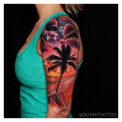 Palm Tree with Beach Sunset and Galaxy for @jpalkerlopez... Beach Tattoo Ideas Color, Sunset Sleeve Tattoo, Serene Tattoo, Sunset Tattoos For Women, Sunset Beach Tattoo, Beach Tattoo Sleeve, Surfing Tattoos, Galaxy Sleeve, Half Sleeve Tattoo Upper Arm