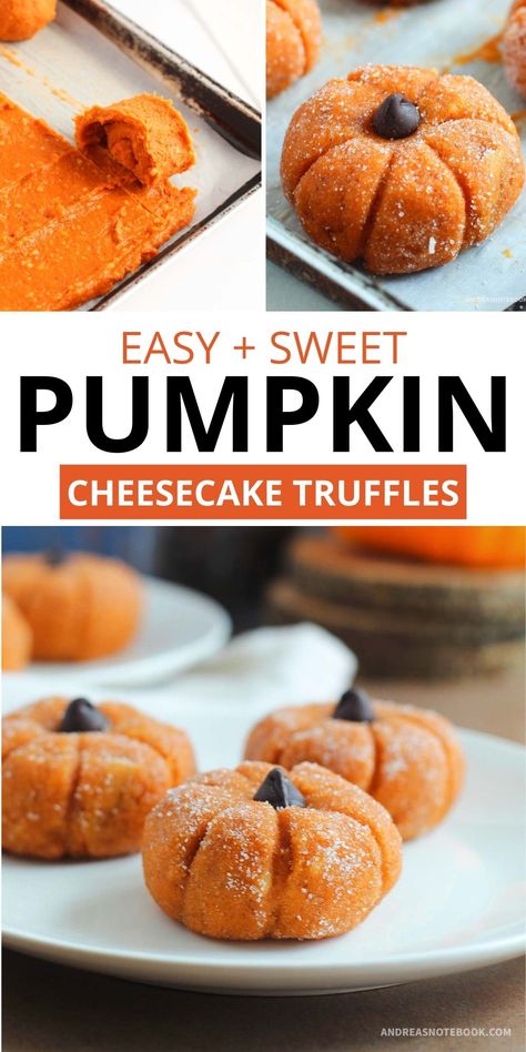 Pumpkin Pie Cheesecake Truffles 12 Tomatoes, Fall Themed Baked Treats, Pumpkin Shaped Muffins, Pumpkin Cheesecake Pops, Pumpkin Shaped Food Ideas, Pumpkin Cheesecake Truffle Balls, Fall Candy Treats, Pumpkin Truffles Recipe, Pumpkin Spice Cheesecake Balls