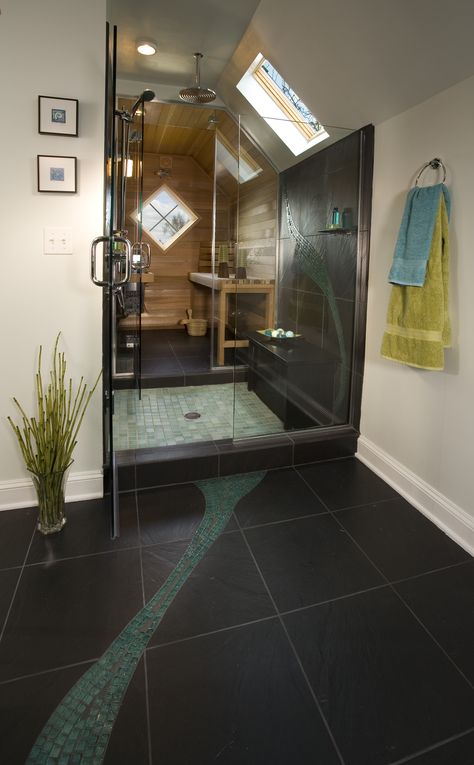 Walk thru shower w/ sauna beyond. Walk In Shower With Sauna, Custom Home Bathroom Ideas, Sauna Shower Combo Master Bath, Shower Sauna Combo, Bathroom With Sauna, Shower Sauna, Sauna A Vapor, Sauna Shower, Business Aesthetic