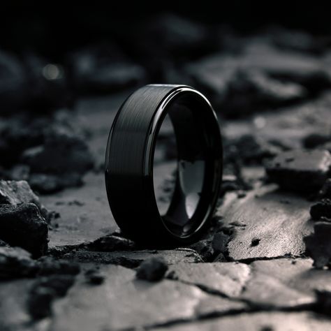 Black Wedding Ring For Man, Dark Wedding Rings For Men, Dark Wedding Rings, Mafia Wedding, Modern Black Wedding, Mens Wedding Rings Black, Black Tungsten Carbide Ring, Mens Wedding Bands Black, Ring Engraving