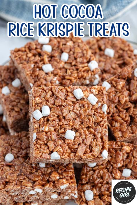 Hot Cocoa Rice Krispie Treats recipe from RecipeGirl.com Hot Cocoa Rice Crispy Treats, Hot Coco Rice Krispies, Hot Cocoa Rice Krispie Treats, Hot Chocolate Rice Krispie Treats, Cocoa Rice Krispie Treats, Rice Krispie Treats Recipe, Cocoa Krispies, Chocolate Rice Krispie Treats, Viral Recipes