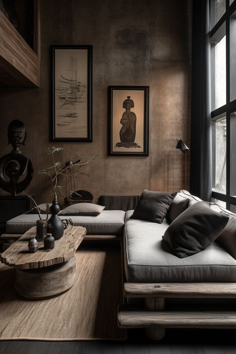 Black Japandi Living Room, Black Wall And Ceiling, Masculine Living Room, Wabi Sabi House, Wabi Sabi Living Room, Dark Living Room Ideas, Wabi Sabi Living, Dark Sofa, Studio In Casa