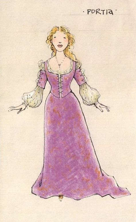 The Merchant of Venice (Portia). Shakespeare in the Park and Broadway. Costume design by Jess Goldstein. Portia Shakespeare, Costume Design Illustration, Hamlet Costume Design, Merchant Of Venice Aesthetic, Merchant Of Venice Costumes, Merchant Of Venice Cover Page, Merchant Of Venice, Portia Merchant Of Venice, Theatre Costume Design Sketches