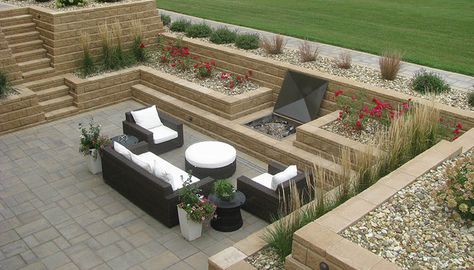 Retaining Wall Patio, Hill Landscaping, Sunken Patio, Sloped Backyard Landscaping, Patio Stairs, Terraced Backyard, Garden Seating Area, Sloped Yard, Sloped Backyard