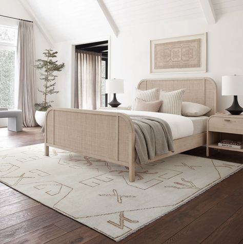 Create a gradient of neutral hues with a graphic ivory rug, whitewashed cane furniture, and a black table lamp that pops in a tonal room. Solid Oak Beds, Oak Bed Frame, Wood Platform Bed Frame, Oak Beds, Small Bedrooms, Cane Furniture, Lulu And Georgia, Wood Platform Bed, Bedroom Designs