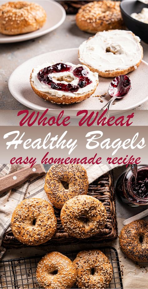 Elevate your breakfast game with these homemade whole wheat bagels that are as delicious as they are nutritious. Perfectly chewy with a hint of nutty flavor, this go-to recipe will guide you through creating bakery-quality bagels right in your own kitchen. Whether you're a seasoned baker or a beginner, these step-by-step instructions will help you achieve that perfect golden crust and soft interior. Top them with your favorite spreads or enjoy them plain; either way, they’re sure to become a family favorite. Get ready to impress with these wholesome, satisfying bagels that are perfect for any time of day. High Fiber Bagels, Wheat Bagels Recipe Homemade, Multigrain Bagel Recipe, Easy Healthy Bagel Recipe, Whole Grain Bagel Recipe, Whole Wheat Bagels Recipe Homemade, Whole Wheat Bagel Recipe, Wheat Bagel Recipe, Healthy Bagel Recipe