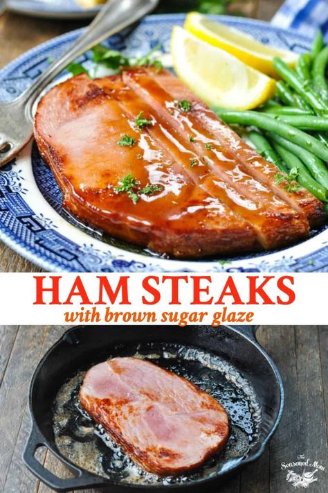 Transform a simple and affordable ham steak recipe into a delicious and easy dinner with this sweet and savory brown sugar glaze! The quick weeknight meal or hearty brunch entrée is ready for the table in just 15 minutes. How To Cook Ham Steak, Meals With Ham, Ham Steak Dinner, Baked Ham Steak, Grilled Ham Steaks, Ham Steak Glaze, Ham Steak Recipes, Fried Ham, Brown Sugar Ham