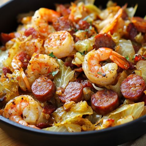 🍤🥬 Get ready for a flavor explosion with Fried Cabbage with Shrimp, Sausage & Bacon! 🌶️✨ #FriedCabbage #DeliciousEats Fried Cabbage with Shrimp, Sausage & Bacon Ingredients: Bacon (6 slices, chopped) Smoked sausage (1 lb, sliced) Shrimp (1 lb, peeled and deveined) Cabbage (1 head, chopped) Onion (1, diced) Garlic (3 cloves, minced) Paprika (1 tsp) Salt (to taste) Black pepper (to taste) Instructions: In a large skillet, cook bacon until crispy. Remove and set aside. In the same skillet, c... Fried Cabbage With Smoked Sausage, Fried Cabbage And Sausage Recipes, Cabbage Shrimp Sausage Recipe, Fried Cabbage With Shrimp, Cabbage And Sausage Skillet, Sausage And Shrimp Recipes, Cabbage And Smoked Sausage, Smoked Sausage Casserole, Fried Cabbage With Sausage