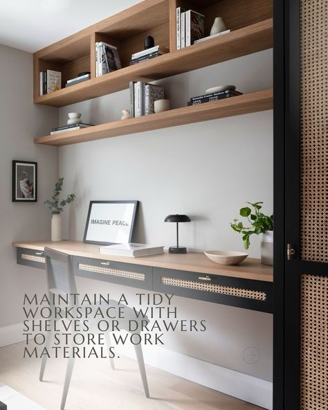 Here are some tips to design a home office that’s functional, stylish and inspiring! Which one of these tips will you try first? Let me know in the comments! 👇 #homeofficedesign #workfromhomestyle #interiordesigntips #protips 📸 by @nathaliepriem Floating Shelves Office, Shelves Office, Work Station, Home Office Design, Interior Design Tips, Office Design, Floating Shelves, Working From Home, Work Space