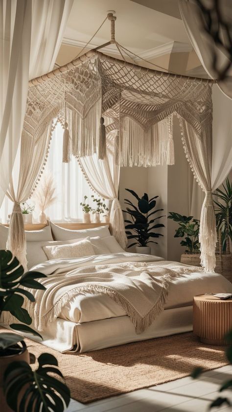 Cream White Bedroom Ideas, Boho Canopy Bed, Macrame Bed, Cream And White Bedroom, Cozy Setup, Boho Chic Interior, Apartment Makeover, House Floor Design, Cream Walls